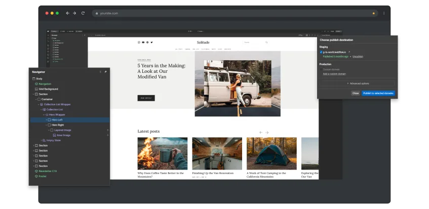 The Webflow editor open on a Byline-built site